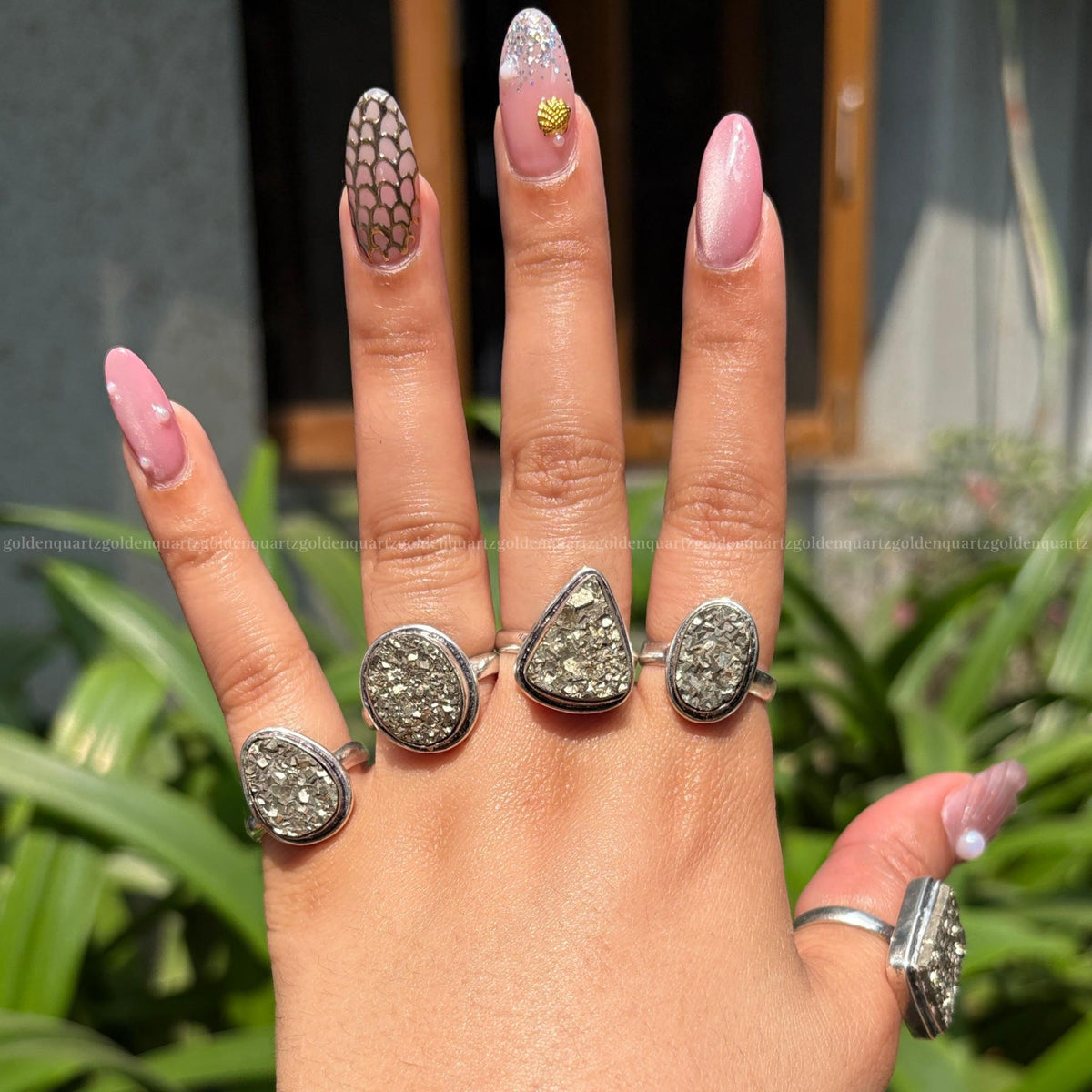 Pyrite Ring crystal jewellery for wealth, abundance, confidence and prosperity. Golden natural Pyrite stone adjustable metal ring.