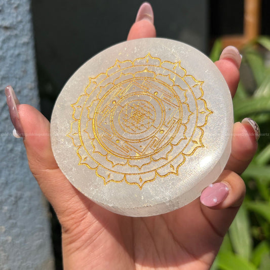 Shree/ Sri Yantra Selenite Charging Plate ( Golden Etched ) 3"