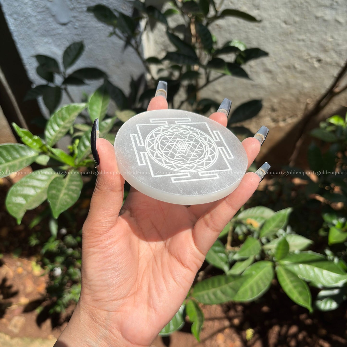 Shree Yantra Selenite ( White Etched ) Charging Plate 3" - Golden Quartz 