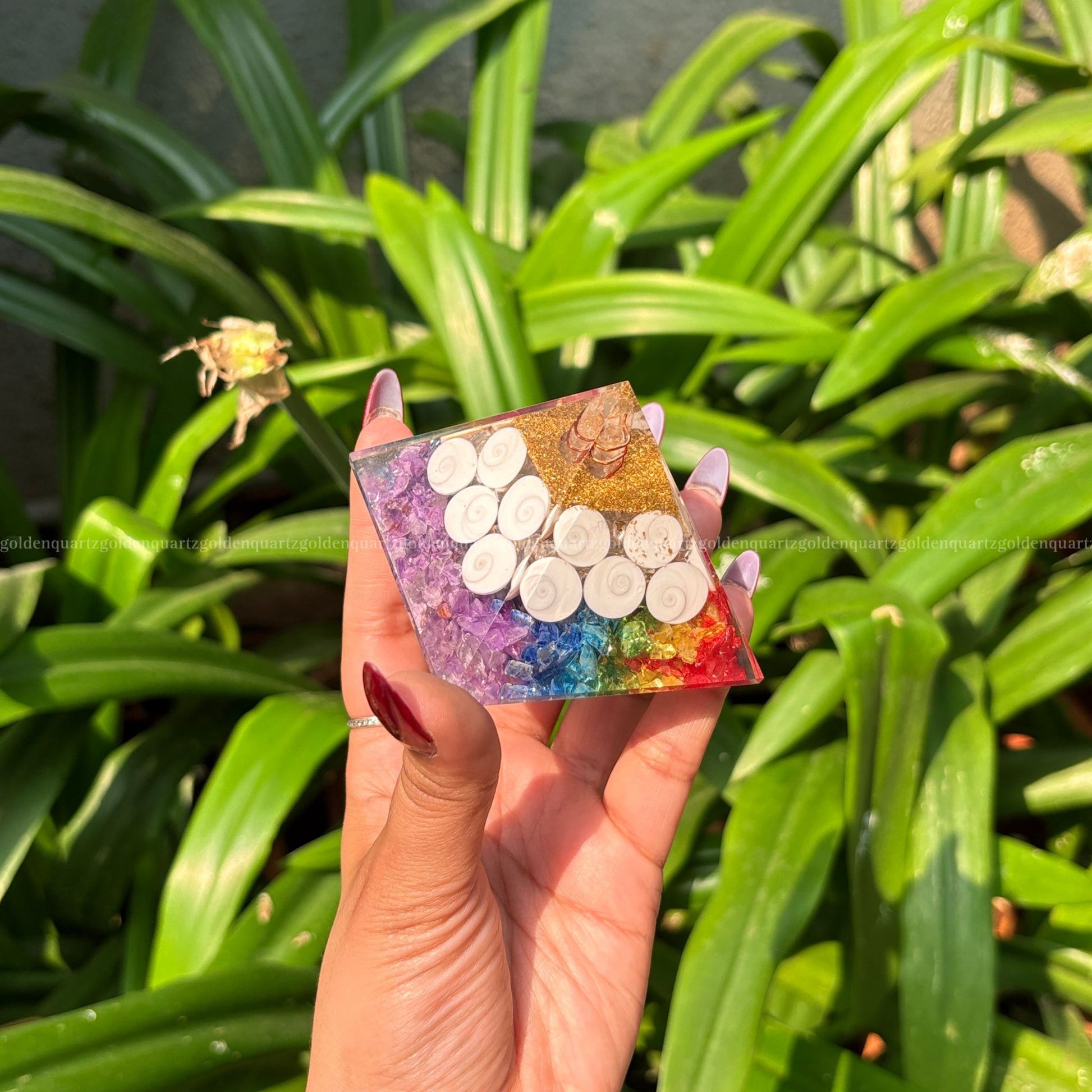 7 Seven Chakra Rainbow With Gomti Chakra Orgonite/Orgone Pyramid For Balance & Abundance - Golden Quartz 