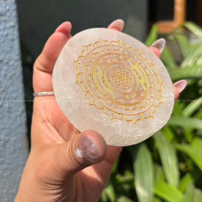 Shree/ Sri Yantra Selenite Charging Plate ( Golden Etched ) 3"