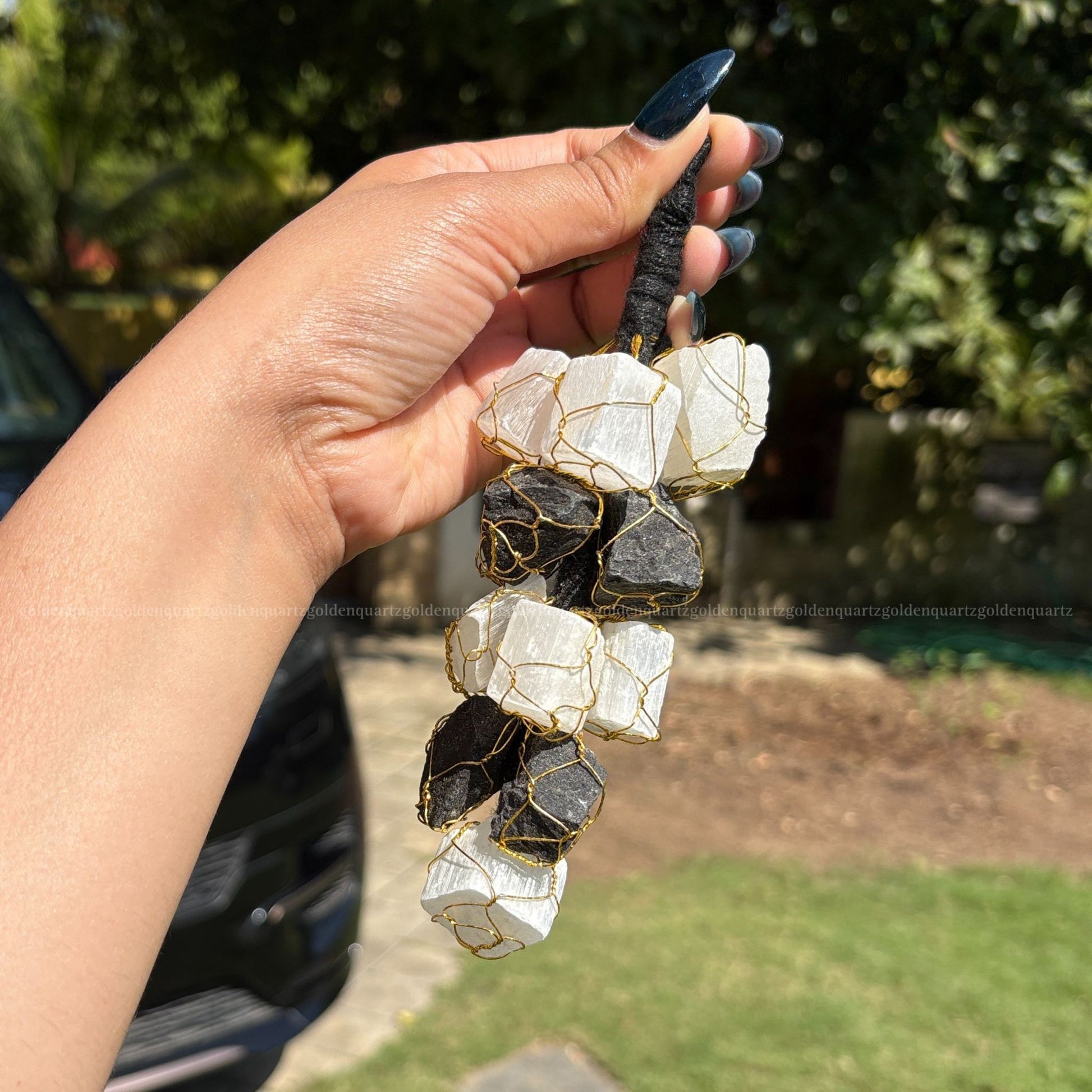 Black Tourmaline & Selenite Hanging  Grape Raw Chunk Hanging - Golden Quartz 