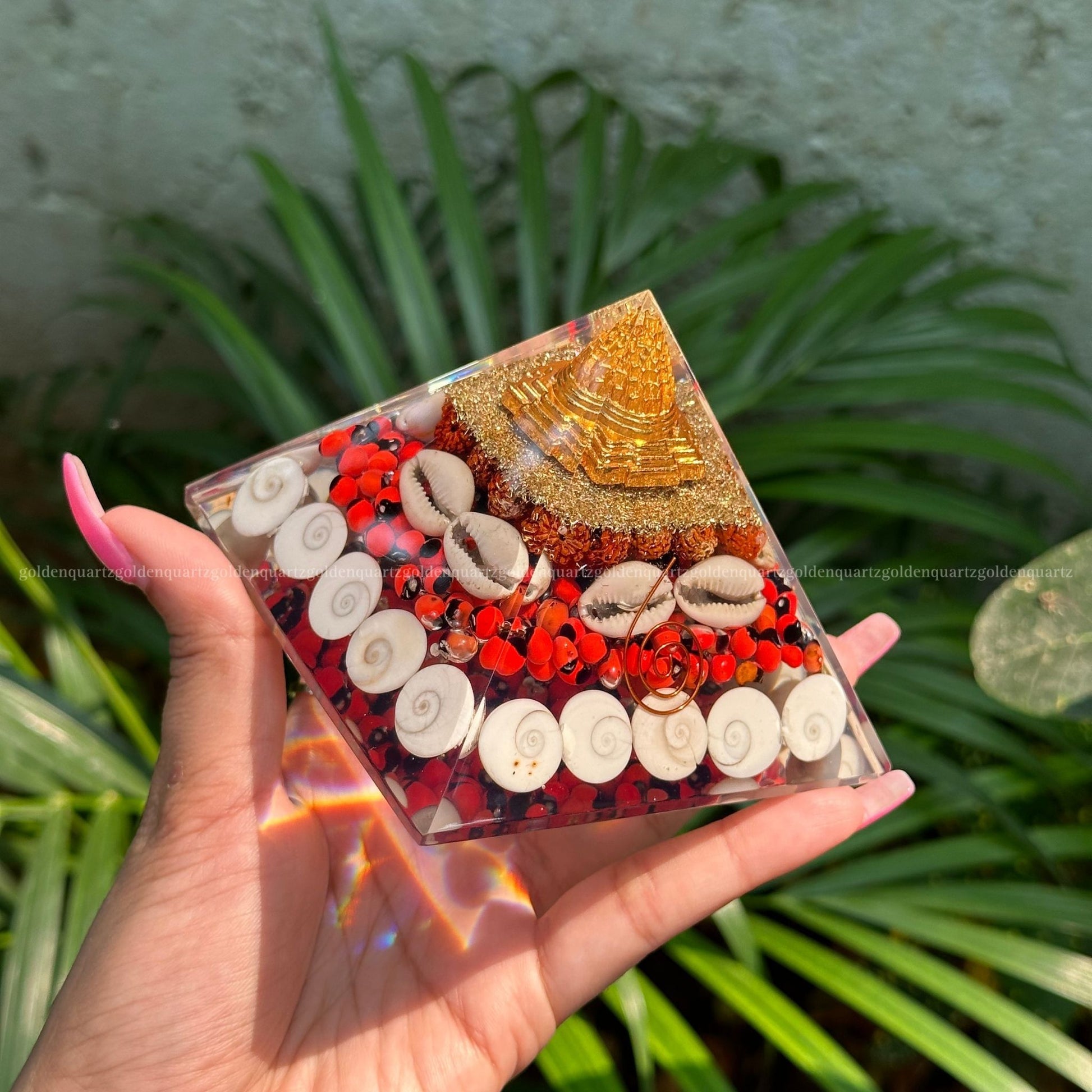 Laxmi Orgonite /Orgone Pyramid For Abundance, Good Luck & Protection - Golden Quartz 