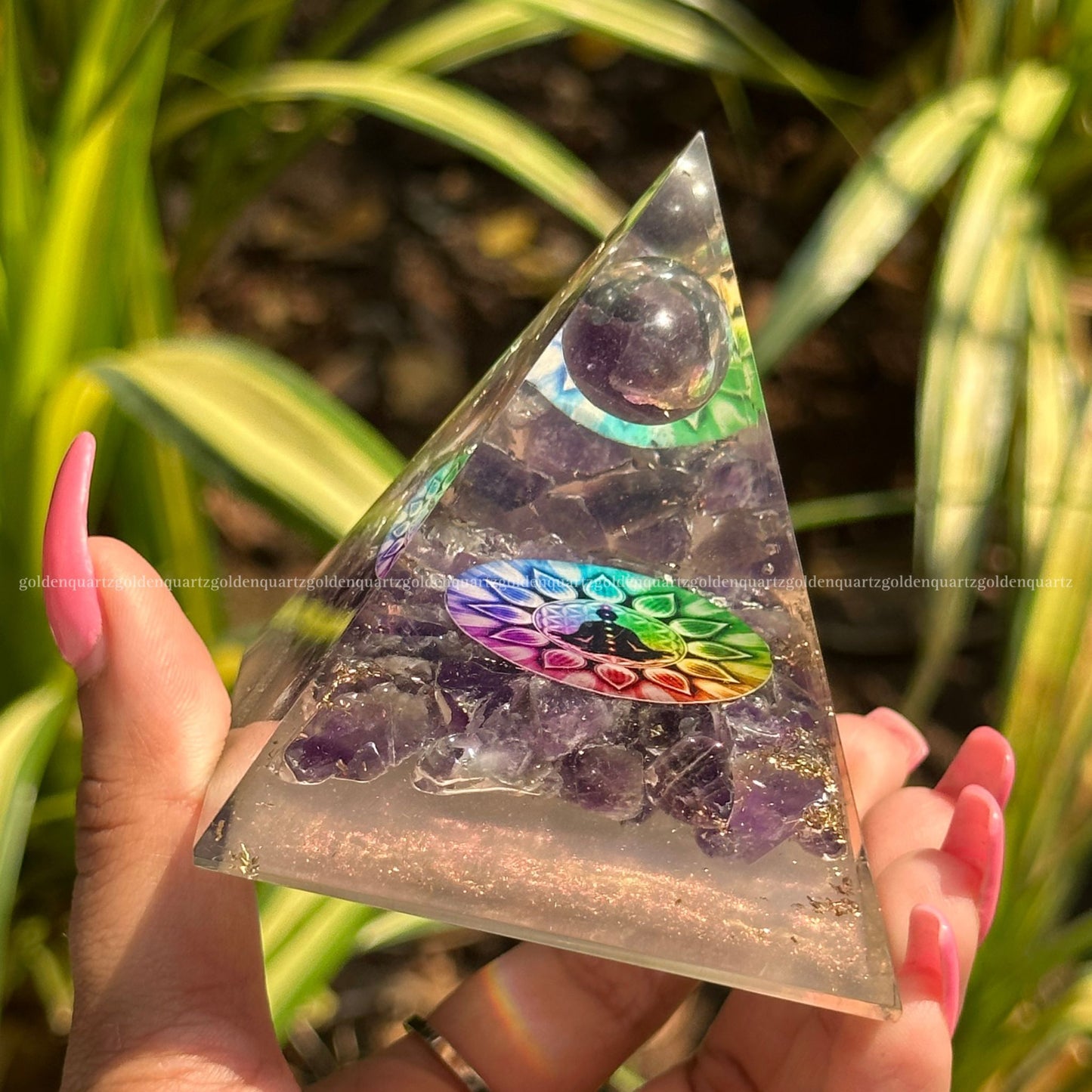 Amethyst 7 Seven Chakra Disk Galaxy Amethyst Sphere Orgonite /Orgone Pyramid For Focus & Balance - Golden Quartz 