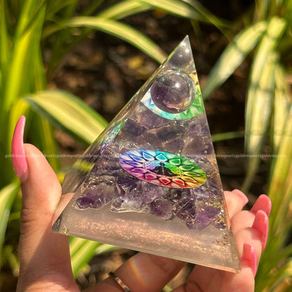 Amethyst 7 Seven Chakra Disk Galaxy Amethyst Sphere Orgonite /Orgone Pyramid For Focus & Balance - Golden Quartz 