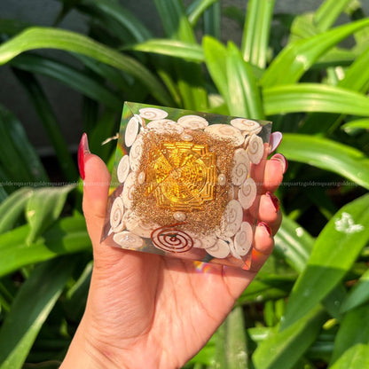 Shree Yantra Gomati Chakra Orgonite/Orgone Pyramid - Golden Quartz 