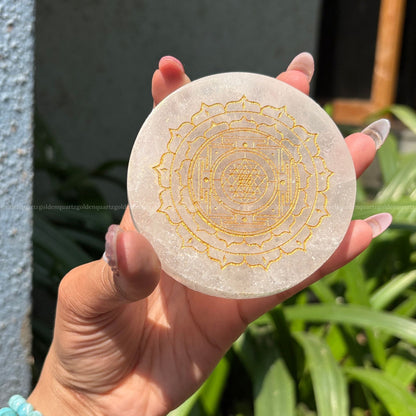 Shree/ Sri Yantra Selenite Charging Plate ( Golden Etched ) 3"