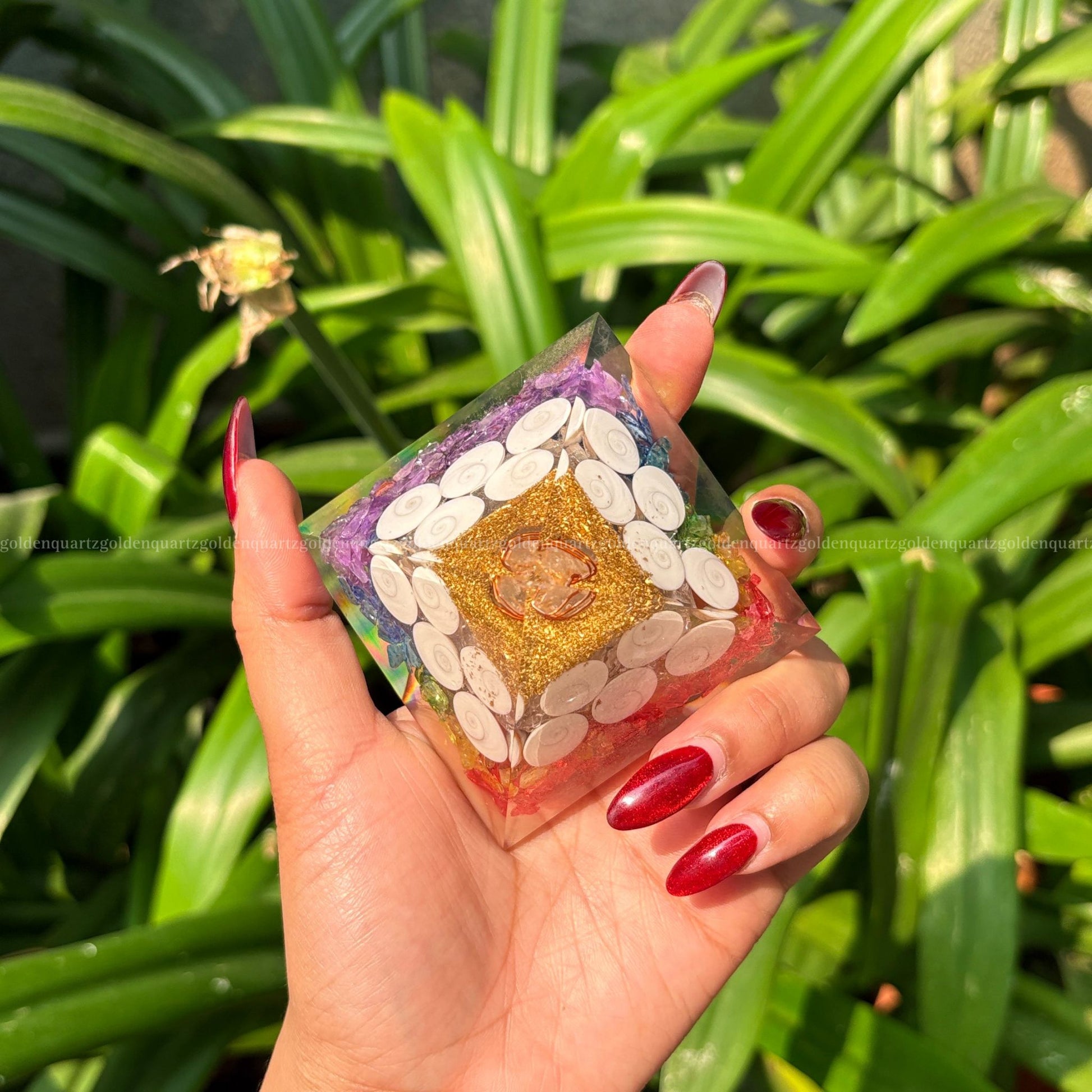 7 Seven Chakra Rainbow With Gomti Chakra Orgonite/Orgone Pyramid For Balance & Abundance - Golden Quartz 