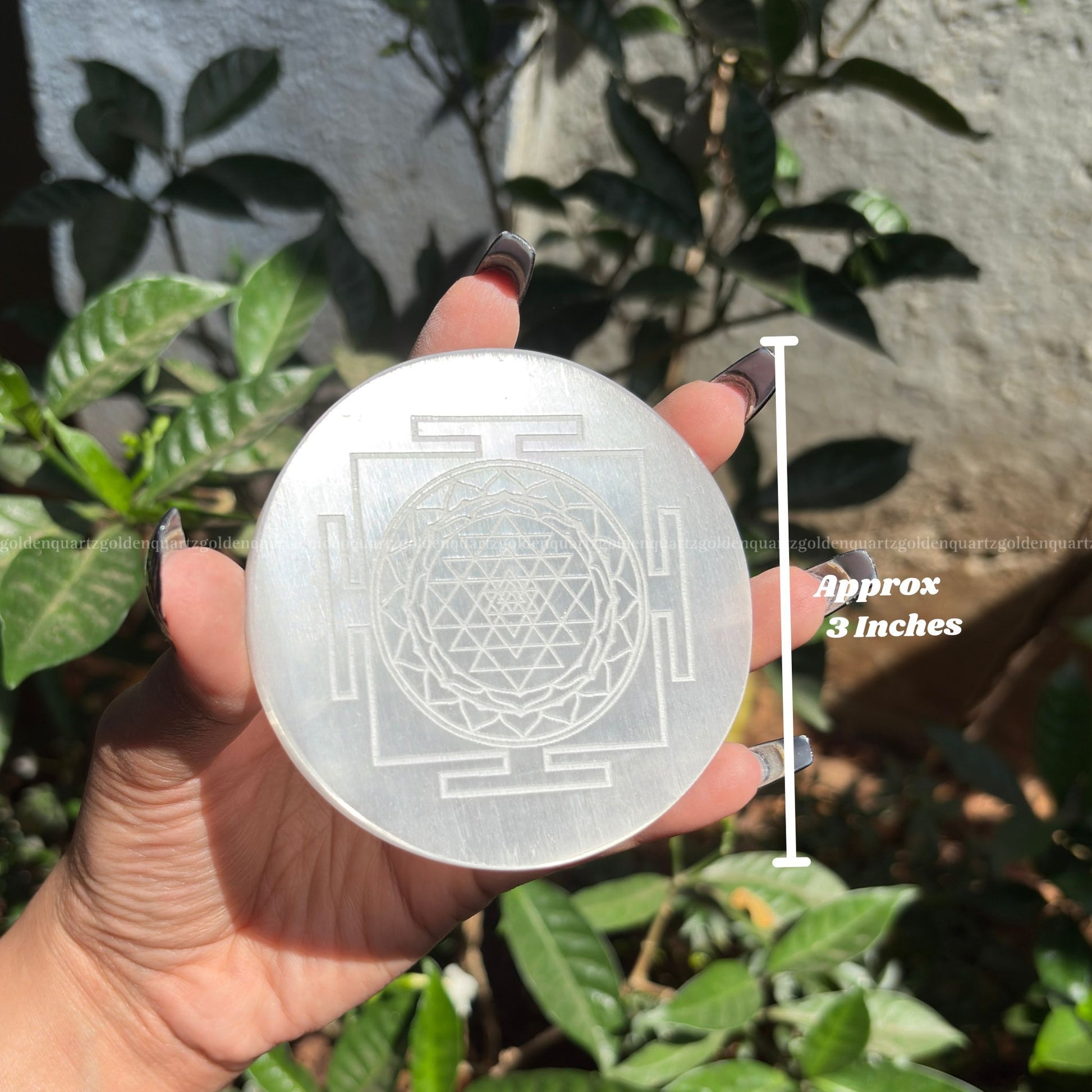 Shree Yantra Selenite ( White Etched ) Charging Plate 3" - Golden Quartz 