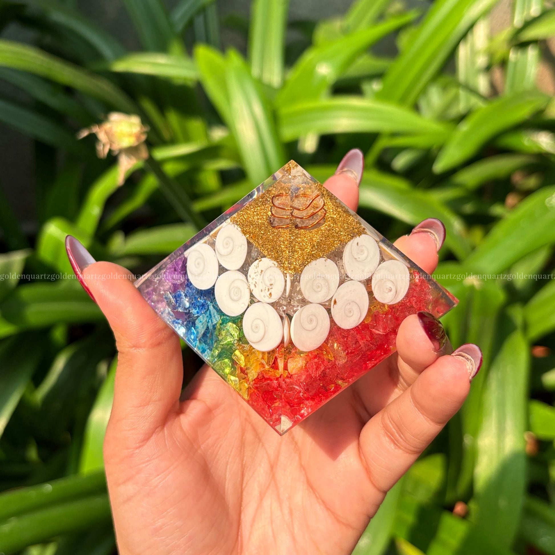 7 Seven Chakra Rainbow With Gomti Chakra Orgonite/Orgone Pyramid For Balance & Abundance - Golden Quartz 