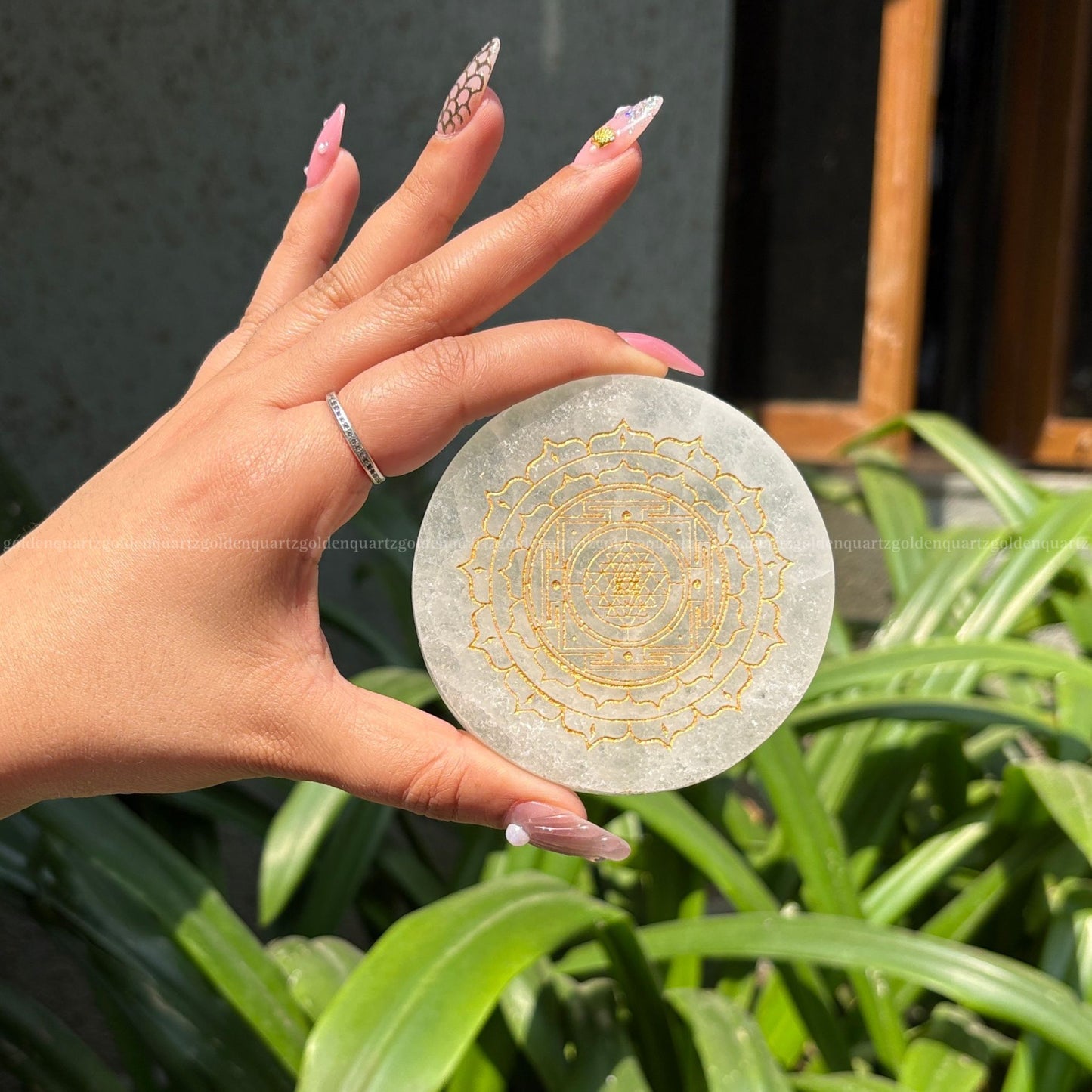 Shree/ Sri Yantra Selenite Charging Plate ( Golden Etched ) 3"