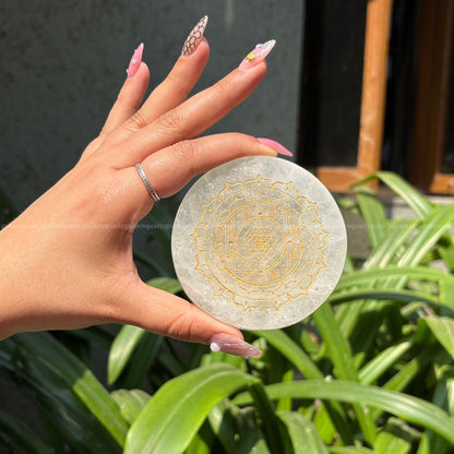 Shree/ Sri Yantra Selenite Charging Plate ( Golden Etched ) 3"