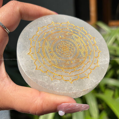 Shree/ Sri Yantra Selenite Charging Plate ( Golden Etched ) 3"