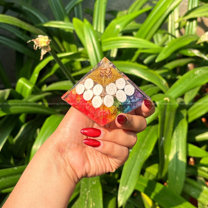 7 Seven Chakra Rainbow With Gomti Chakra Orgonite/Orgone Pyramid For Balance & Abundance - Golden Quartz 