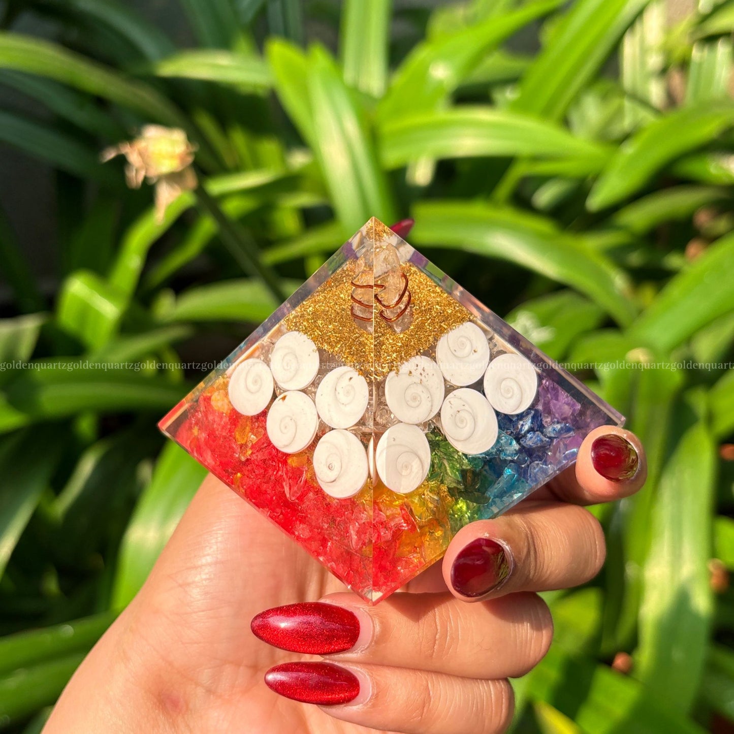 7 Seven Chakra Rainbow With Gomti Chakra Orgonite/Orgone Pyramid For Balance & Abundance - Golden Quartz 