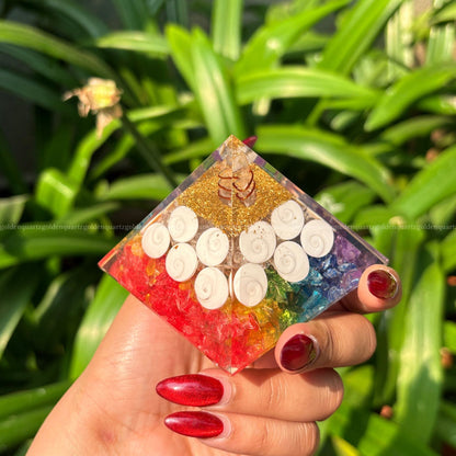 7 Seven Chakra Rainbow With Gomti Chakra Orgonite/Orgone Pyramid For Balance & Abundance - Golden Quartz 