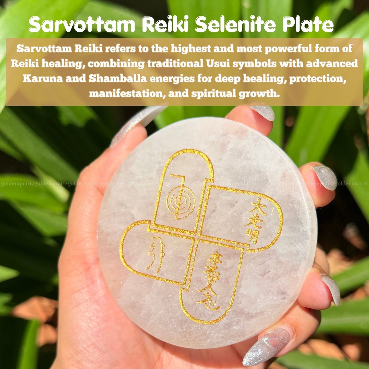 Hand holding a Sarvottam Reiki Selenite Plate with engraved symbols against a green leafy background.