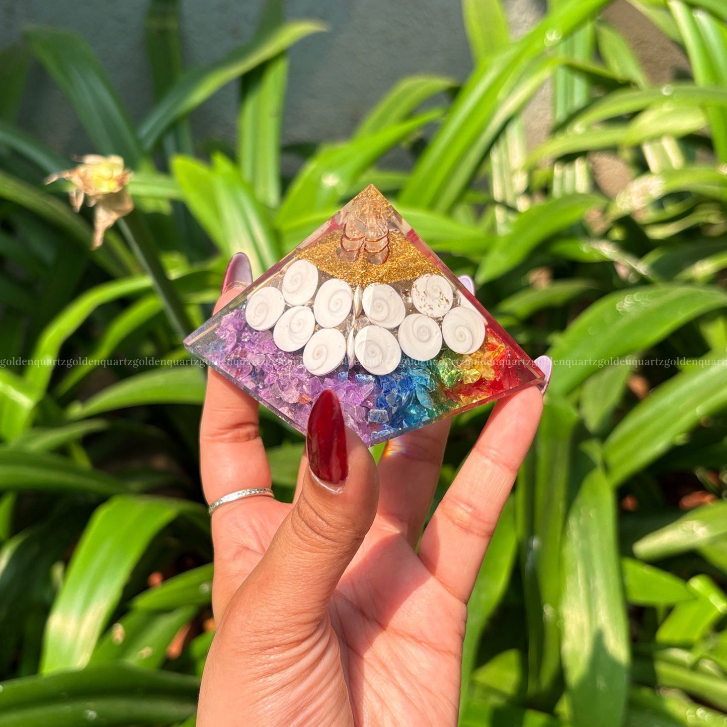 7 Seven Chakra Rainbow With Gomti Chakra Orgonite/Orgone Pyramid For Balance & Abundance - Golden Quartz 