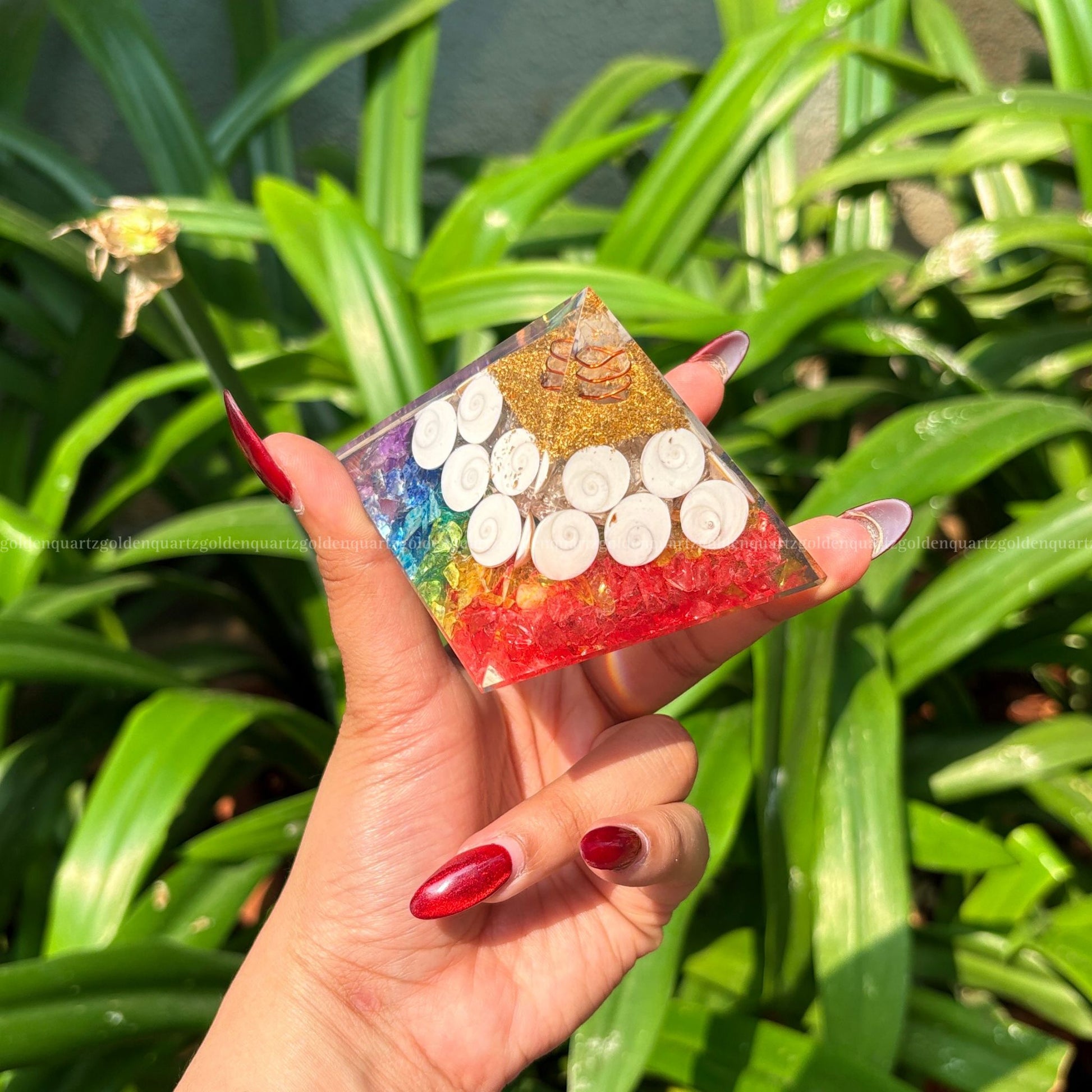 7 Seven Chakra Rainbow With Gomti Chakra Orgonite/Orgone Pyramid For Balance & Abundance - Golden Quartz 