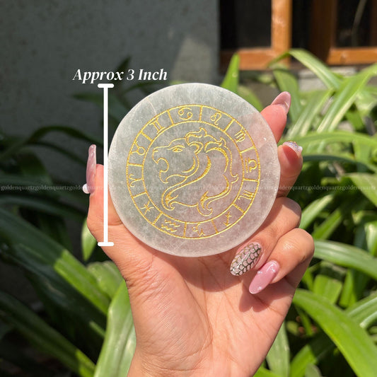 Zodiac Signs with Lion Selenite Charging Plate ( White Etched ) 3"