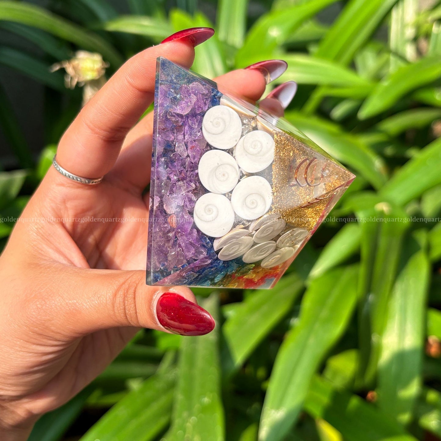 7 Seven Chakra Rainbow With Gomti Chakra Orgonite/Orgone Pyramid For Balance & Abundance - Golden Quartz 