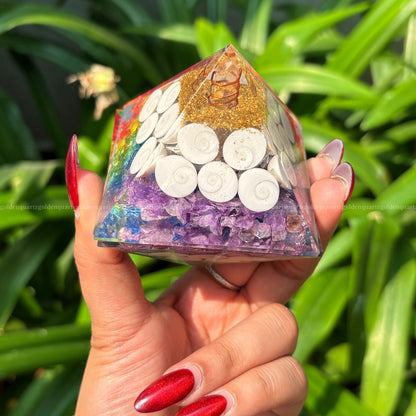 7 Seven Chakra Rainbow With Gomti Chakra Orgonite/Orgone Pyramid For Balance & Abundance - Golden Quartz 