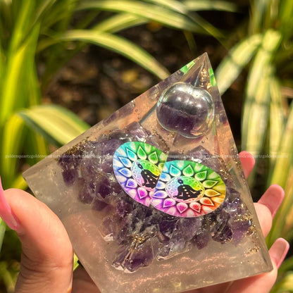 Amethyst 7 Seven Chakra Disk Galaxy Amethyst Sphere Orgonite /Orgone Pyramid For Focus & Balance - Golden Quartz 