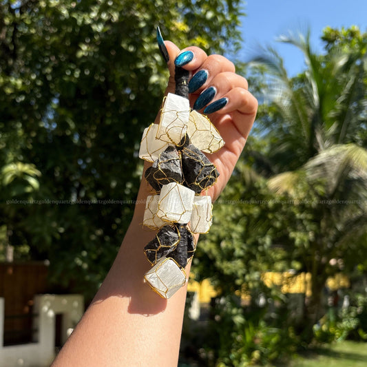 Black Tourmaline & Selenite Hanging  Grape Raw Chunk Hanging - Golden Quartz 