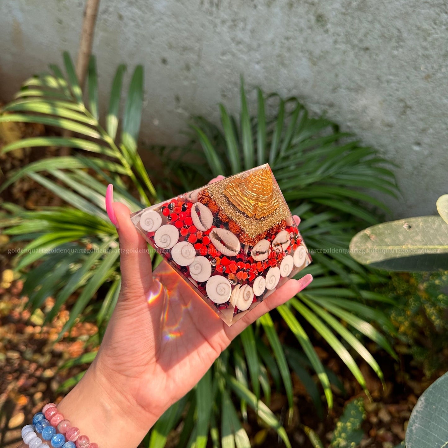 Laxmi Orgonite /Orgone Pyramid For Abundance, Good Luck & Protection - Golden Quartz 