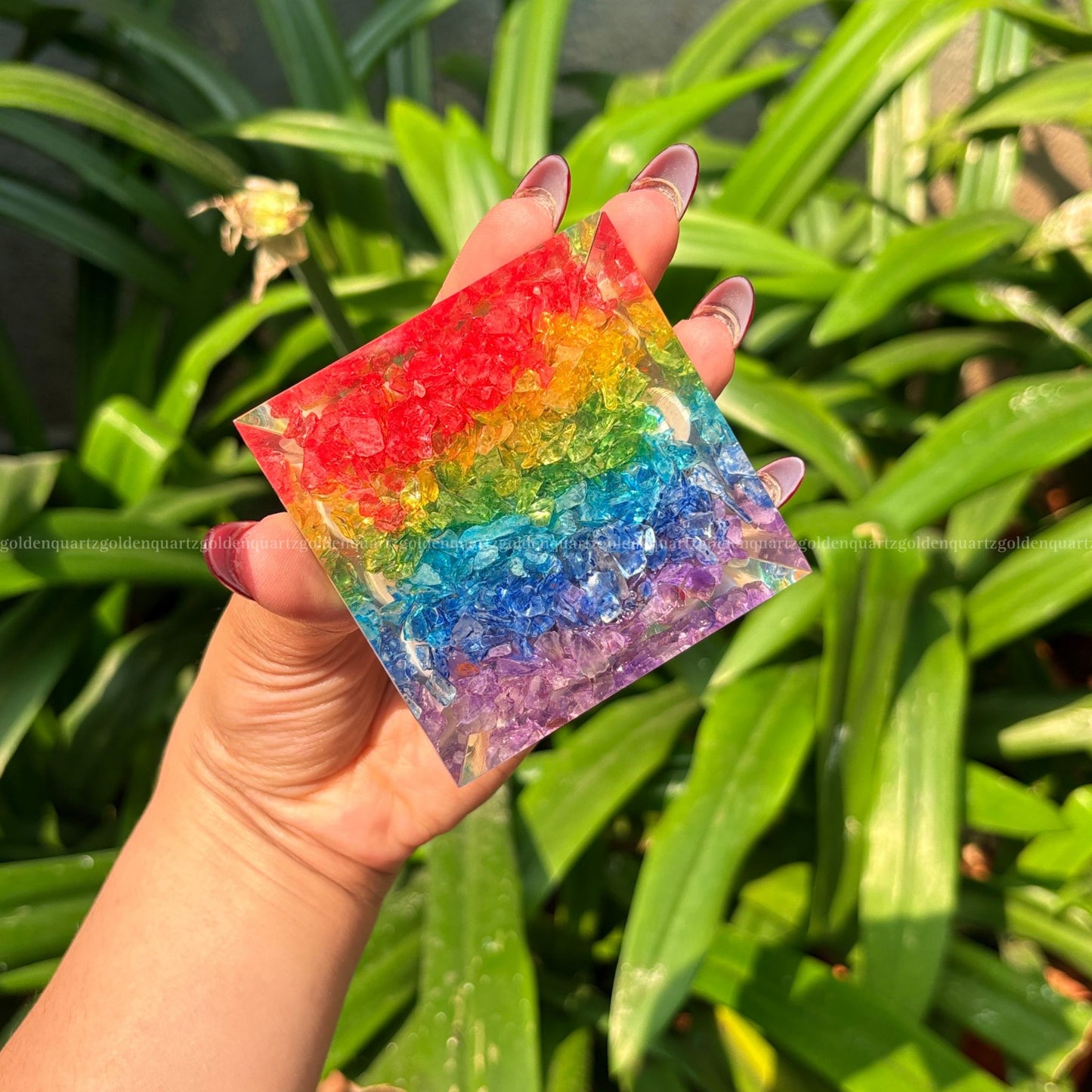 7 Seven Chakra Rainbow With Gomti Chakra Orgonite/Orgone Pyramid For Balance & Abundance - Golden Quartz 