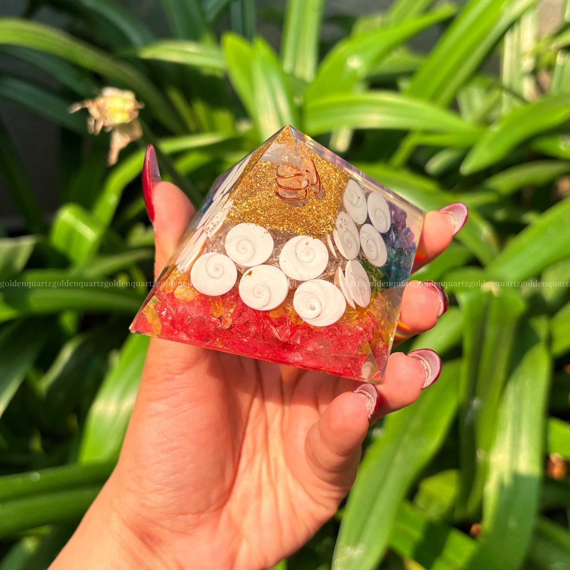 7 Seven Chakra Rainbow With Gomti Chakra Orgonite/Orgone Pyramid For Balance & Abundance - Golden Quartz 