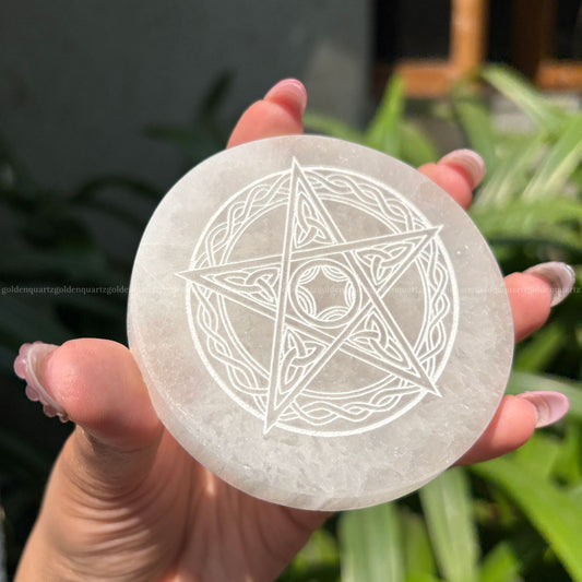 Pentacle Celtic Knotwork Selenite Charging Plate ( White Etched ) 3"