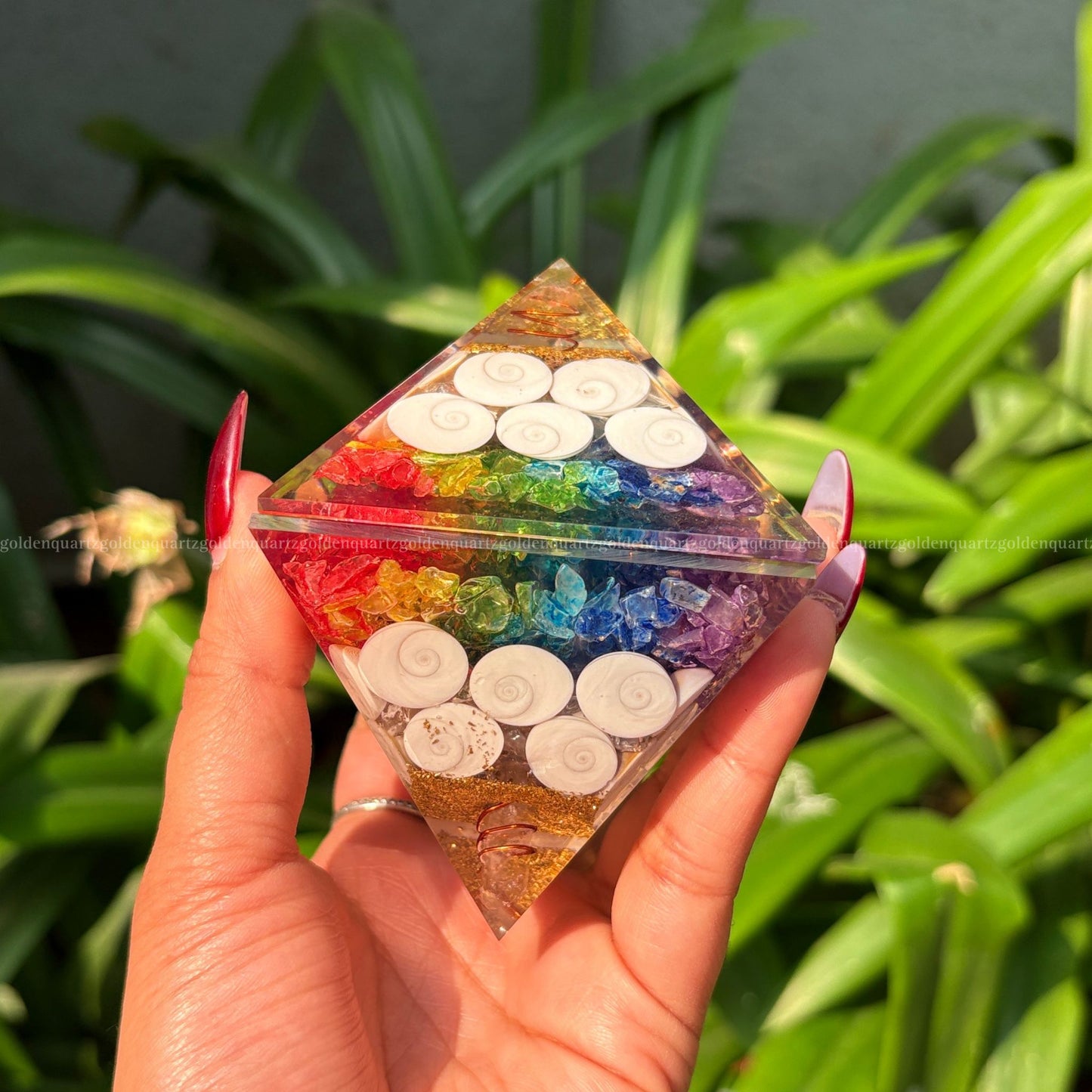 7 Seven Chakra Rainbow With Gomti Chakra Orgonite/Orgone Pyramid For Balance & Abundance - Golden Quartz 
