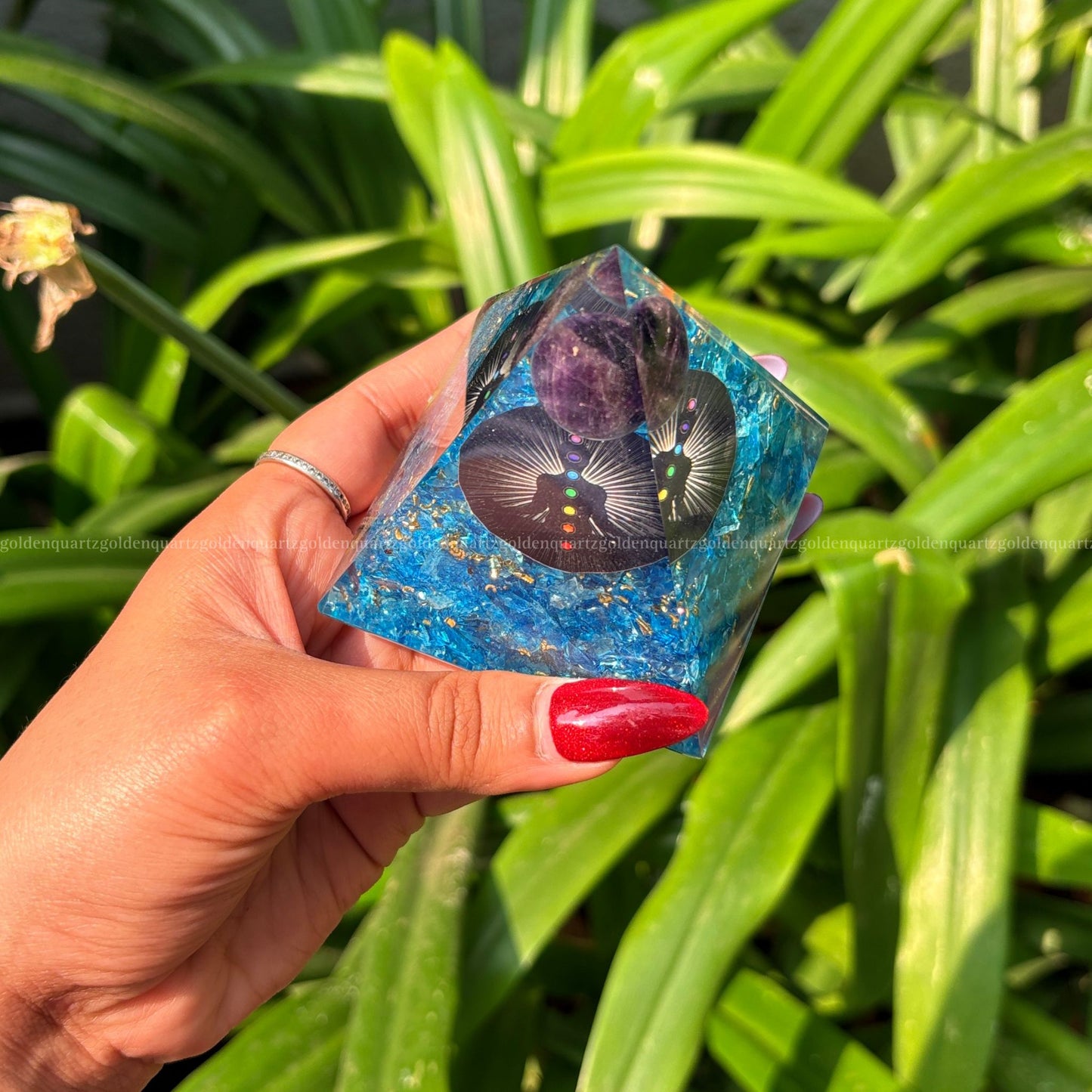 Aquamarine Seven Chakra Galaxy Amethyst Sphere Orgonite /Orgone Pyramid For Awakening, Focus & Balance - Golden Quartz 