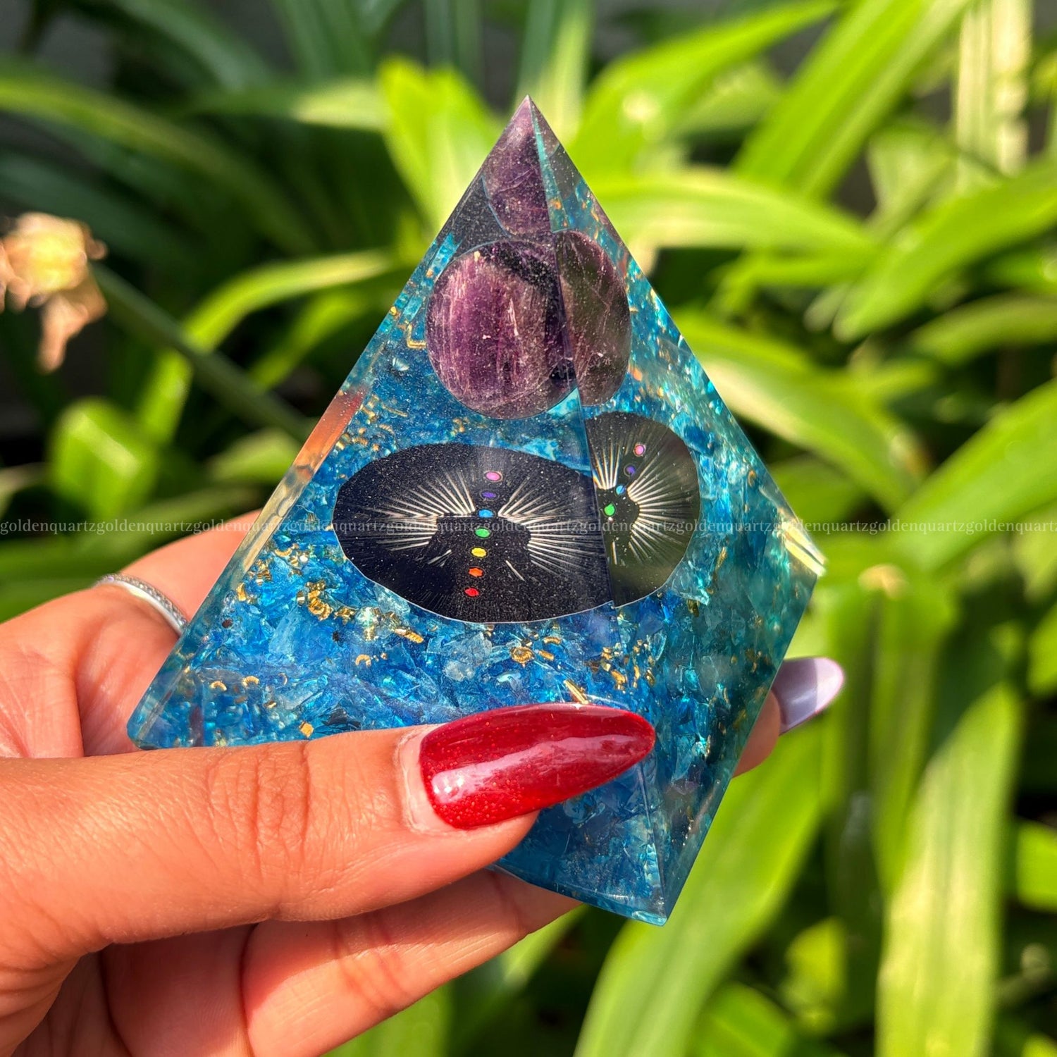 Aquamarine Seven Chakra Galaxy Amethyst Sphere Orgonite /Orgone Pyramid For Awakening, Focus & Balance - Golden Quartz 