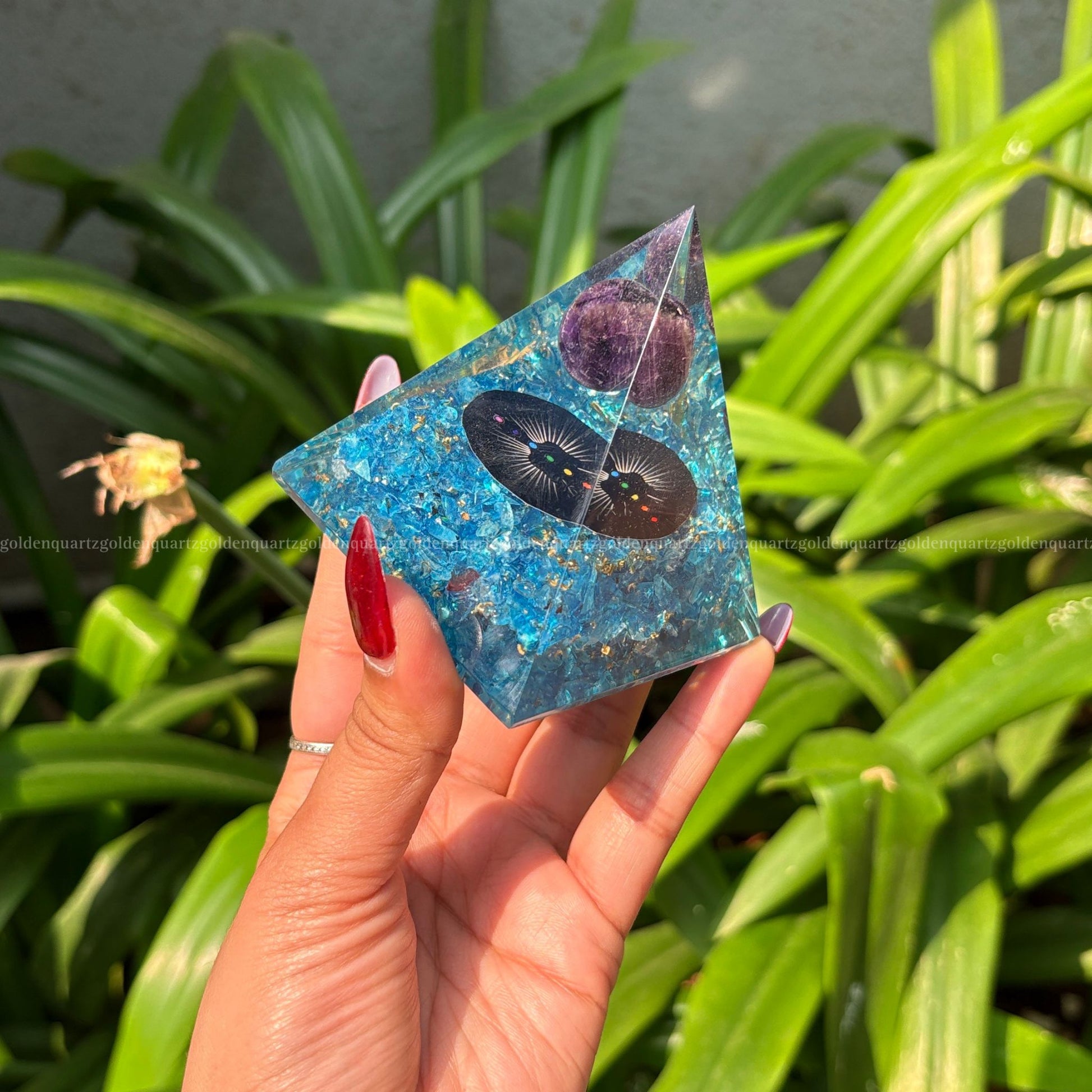 Aquamarine Seven Chakra Galaxy Amethyst Sphere Orgonite /Orgone Pyramid For Awakening, Focus & Balance - Golden Quartz 