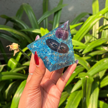 Aquamarine Seven Chakra Galaxy Amethyst Sphere Orgonite /Orgone Pyramid For Awakening, Focus & Balance - Golden Quartz 