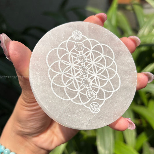 Flower Of Life With Chakras Selenite Charging Plate ( White Etched ) 3"