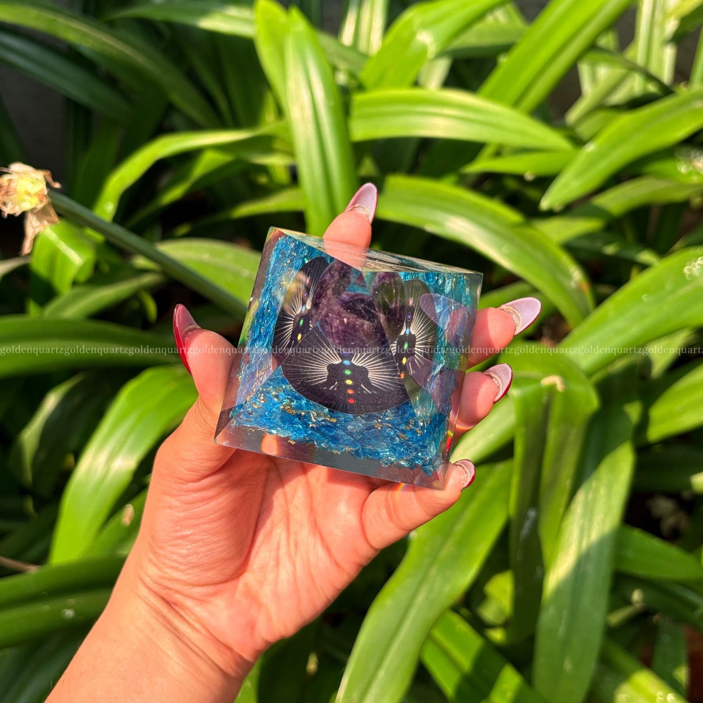 Aquamarine Seven Chakra Galaxy Amethyst Sphere Orgonite /Orgone Pyramid For Awakening, Focus & Balance - Golden Quartz 