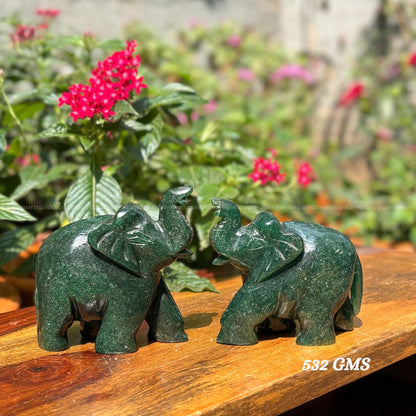 Green Jade Elephant Pair (Trunk Up) Luck, Prosperity & Harmony