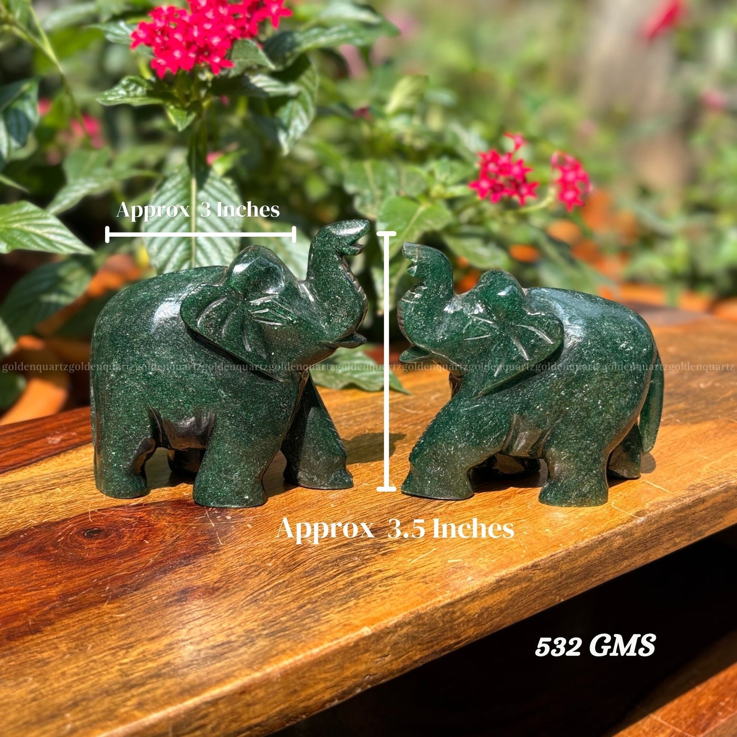 Green Jade Elephant Pair (Trunk Up) Luck, Prosperity & Harmony