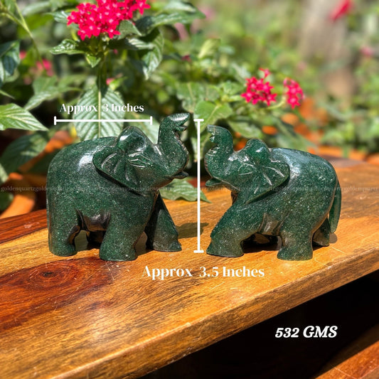 Green Jade Elephant Pair (Trunk Up) Luck, Prosperity & Harmony
