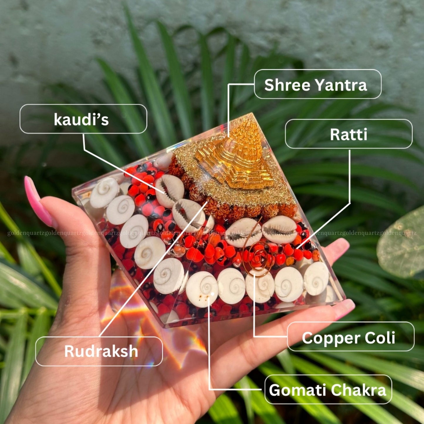 Laxmi Orgonite /Orgone Pyramid For Abundance, Good Luck & Protection - Golden Quartz 