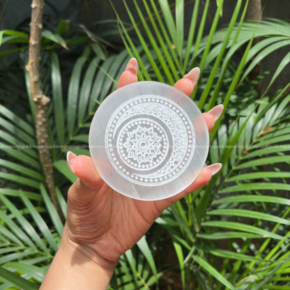 Crescent Moon With Flower Selenite Charging Plate ( White Etched ) 3" - Golden Quartz 