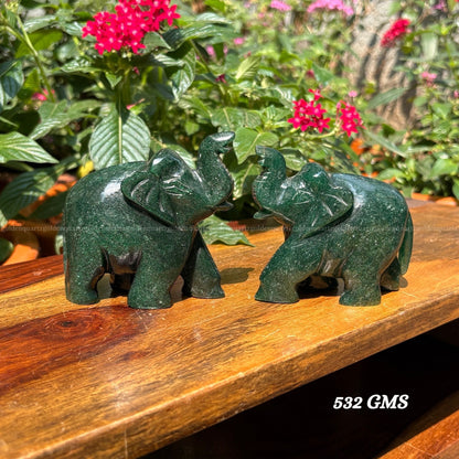 Green Jade Elephant Pair (Trunk Up) Luck, Prosperity & Harmony