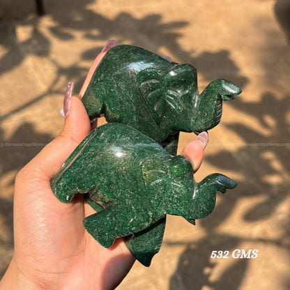 Green Jade Elephant Pair (Trunk Up) Luck, Prosperity & Harmony