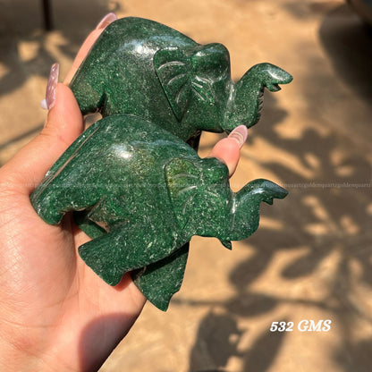 Green Jade Elephant Pair (Trunk Up) Luck, Prosperity & Harmony