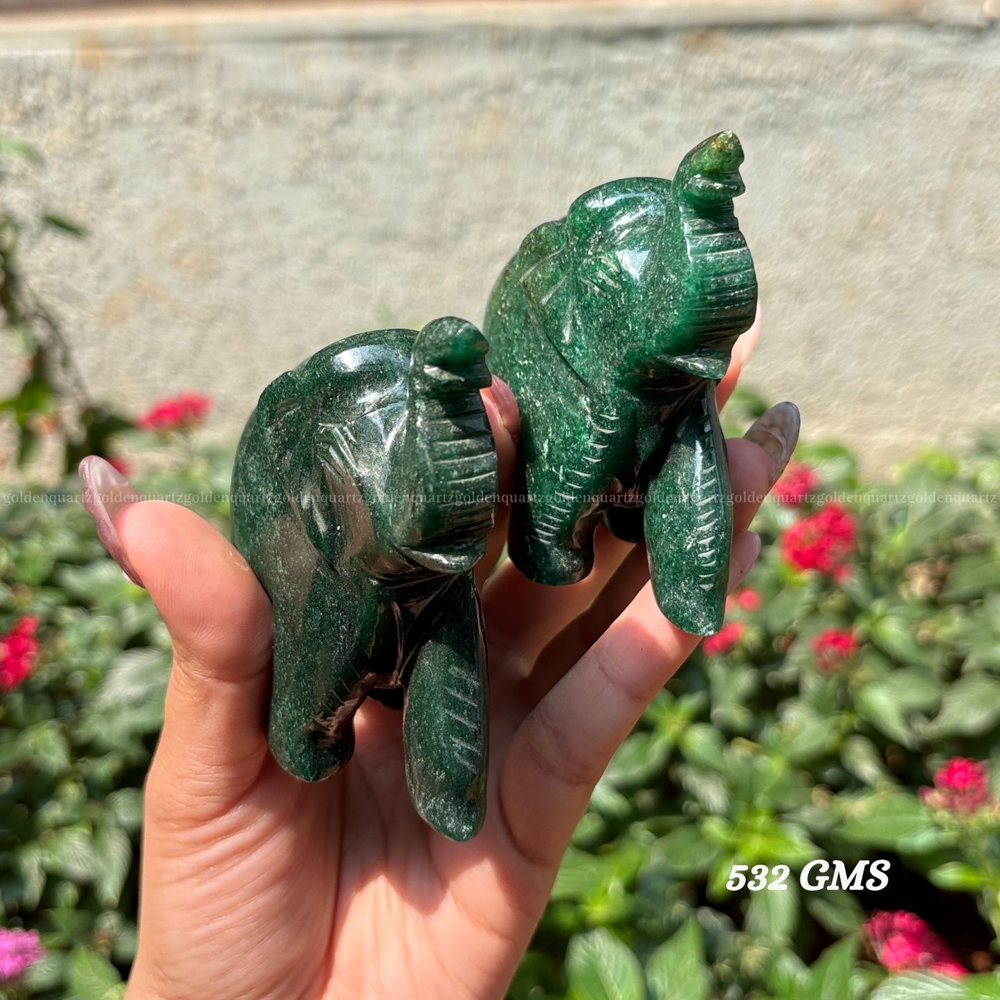 Green Jade Elephant Pair (Trunk Up) Luck, Prosperity & Harmony