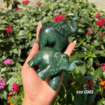 Green Jade Elephant Pair (Trunk Up) Luck, Prosperity & Harmony
