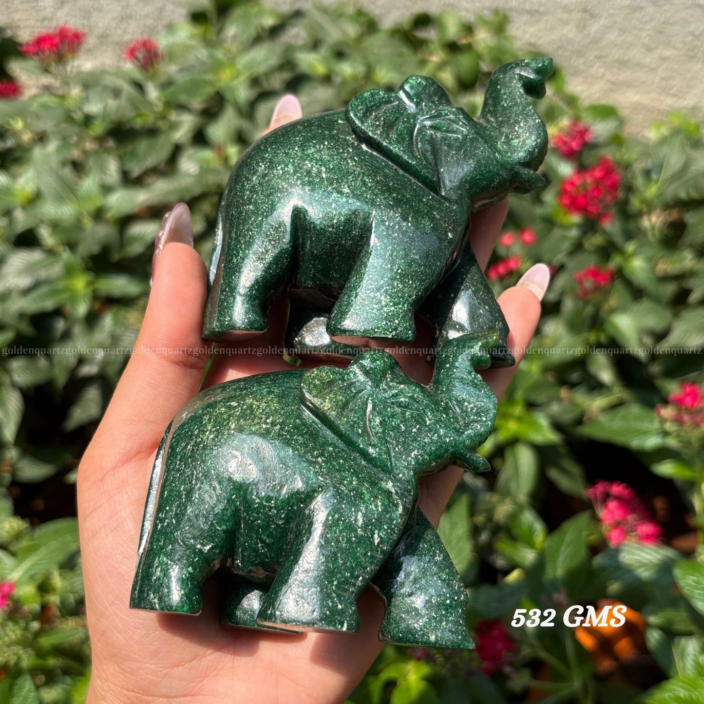 Green Jade Elephant Pair (Trunk Up) Luck, Prosperity & Harmony